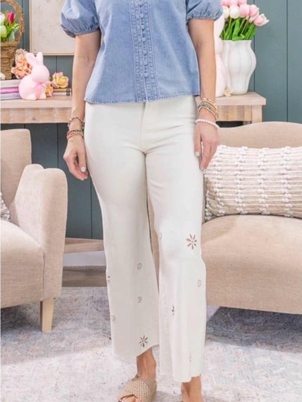 Wide-Leg Eyelet Detail Pants